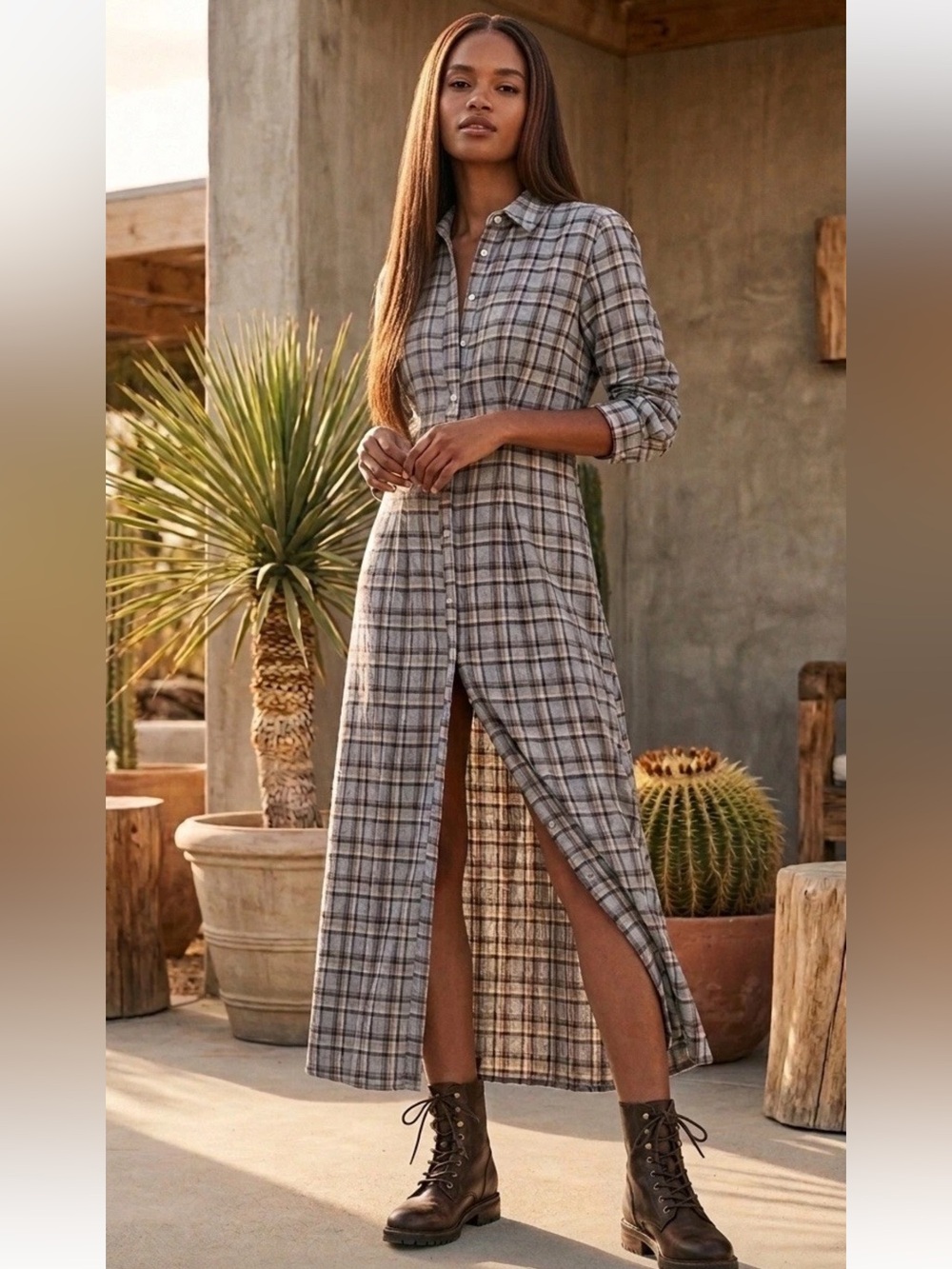 ZARA PLAID MAXI SHIRT DRESS